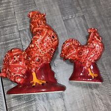 VINTAGE SET of ROOSTER & CHICKEN FIGURINES w/RED BANDANA DESIGN ~ CERAMIC picture
