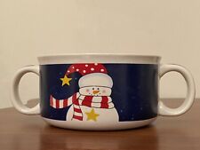 Large Two Handled CUTE SNOWMAN Soup mug 5 Inch Diameter, 2.5 Inches High. EUC picture
