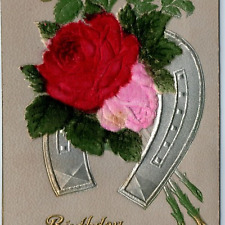 c1910s Thick Birthday Greeting Cloth Felt Rose Flower Art Postcard Embossed A217 picture