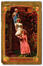 Original Old Vintage Postcard Ladies Dresses Bonnets Morning Glories Flowers picture