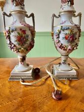 Two Antique Hand Painted Gilded Applied Floral German Porcelain Wired Lamps picture