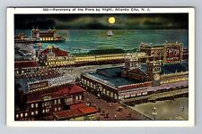 Atlantic City NJ-New Jersey, Aerial Of Piers By Night, Antique Vintage Postcard picture