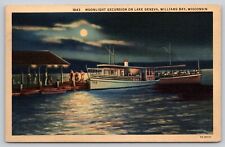 Postcard WI Williams Bay Moonlight Excursion On Lake Geneva Linen UNP A4 picture