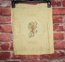 VTG Hand Embroidered Linen Yellow Doiley Cross & Flowers 16