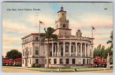 1954 CORAL GABLES FLORIDA CITY HALL*AMERICAN FLAG*VINTAGE TICHNOR LINEN POSTCARD picture