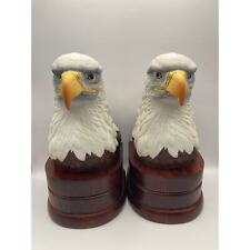 VTG Bisque Porcelain Bald Eagle Bust Bookends on Wood Bases By Andrea Sadek picture