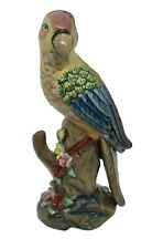 Parrot Colorful Red Blue Bird on branch with flowers figurine 10” SEE CRAZING picture