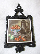 Vintage  Still Life Fruit Ceramic Tile in Black Cast Iron Trivet  NESCO JAPAN picture