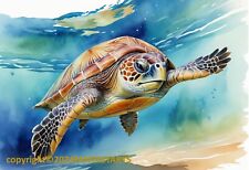 Sea Turtle Swimming Artist's Rendering Faux Watercolor Photo Print 13