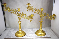 Pair of Older 3 Light Antique Church Candelabra, All Brass (CU596) chalice co. picture