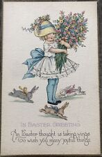 Adorable Little Dressed Up Girl Rabbits Flowers Vintage Easter Postcard picture