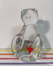 Vintage Art Glass Cat Figurine Paperweight with Red Fish in Belly 5.5” Tall picture