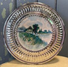 Vintage Silver Tin Round Stove Pipe Flue Vent Cover 8” House Lake Pond Scene picture