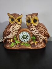 Vintage Lanshire Chalkware Double Owl mantel Clock Electric WORKS rustic MCM picture