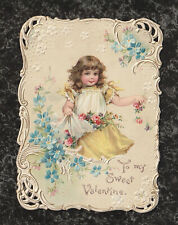 Victorian Valentine Die Cut Embossed Pierced Card Little Girl & Flowers 4.5x3.25 picture