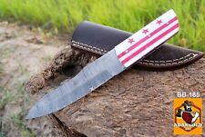 CUSTOM HAND MADE DAMASCUS STEEL HUNTING KNIFE & DC FLAG HANDLE + LEATHER COVER picture