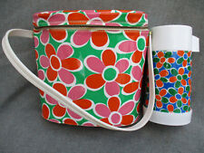 VINTAGE 1960s-1970s ZIPPERED VINYL BRUNCH BAG FLOWER POWER LUNCH BOX & THERMOS picture