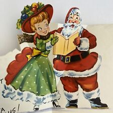 Vintage Mid Century Christmas Greeting Card Shopping Girl Pop Up Santa Claus picture