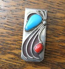 Vintage Navajo Money Clip Turquoise & Coral Sterling Silver picture