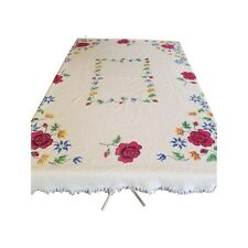 Vintage Textured Fabric Tablecloth Rectangle Floral Red Roses Fringe 45x58 picture