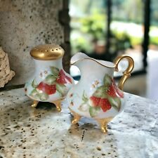 Antique Bavarian Hand-Painted Strawberries Footed Creamer & Sugar Shaker picture