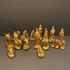 Vintage Set Of 17 Pcs 1970s Gold Hand Painted Ceramic Nativity Scene Figurines picture