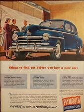 1948 vintage Plymouth print ad. Blue sedan, post WW2, original item  picture