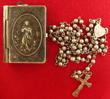 ANTIQUE MINIATURE ROSARY & TINY HOLDER BOOK PENDANT MARY IMMACULATE CONCEPTION picture