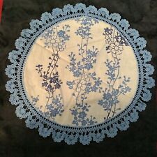  Vintage Piece Of Needlework 15” Circle Of Blue Flowered Fabric W/ Blue Crochet picture