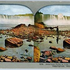 c1900s Niagara Falls Man Walks American Falls Litho Photo Stereo Card Low V8 picture