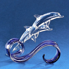 Glass Baron-Pair of glass dolphins riding on blue glass Waves 3.75
