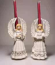 Vtg  Porcelain 9.5” Christmas Angel Candleholders Harp & Scroll SET Gold Guild picture