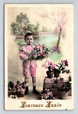 c1912 RPPC Young French Boy Bouquet Flowers Hand Colored JC Paris Postcard picture
