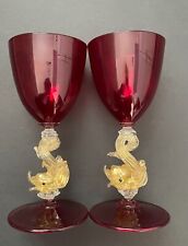 Salviati Murano Venetian Ruby Red Wine Glass Set of 2 Gold Leaf Dolphin picture