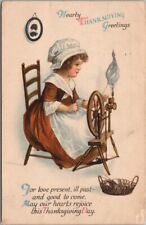 Wolf THANKSGIVING Postcard Pilgrim Girl / Spinning Wheel - Un-Signed Clapsaddle picture