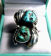 Vintage Blue Green Turquoise Navajo Feathers Sterling Silver 925 Size 7 Ring picture