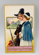 Vintage Antique 1910s Thanksgiving Postcard Pilgrim Couple and Turkey Unposted picture