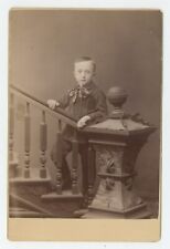Antique c1880s Cabinet Card Stunning Portrait of Adorable Young Boy on Stairs picture