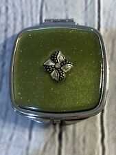 Vintage Silver Green Tone with Sparkles Twin Floral Design Compact Pocket Mirror picture