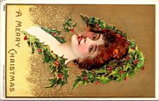 1908 Woman decorated with Holly, Christmas Greetings Postcard - Julius Bien picture