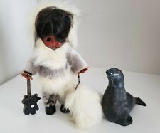 1970's Alaska Souvenirs Girl Doll Real Fur Outfit Muff Leather Bobble Head Seal picture