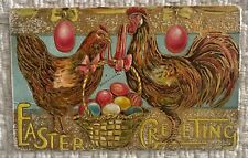 Easter Greetings Roosters Basket of Eggs postcard heavy gold gilt inlay picture
