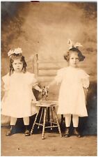 C.1910s RPPC Adorable Girl Sister W Cast Iron Horse Toy. Portrait Postcard 453 picture