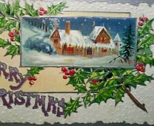 Christmas Postcard Embossed Snow Covered Country Home Crescent Moon Antique 1909 picture
