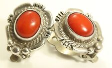 Vintage Navajo Roie Jaque Sterling Silver Stamped Red Coral Clip Earrings picture