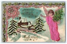 c1905 Christmas Tree Angel House Church Embossed Posted Antique Postcard picture