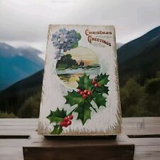 Postcard Christmas Greetings Country Scene Red Green Holly Purple Flowers picture