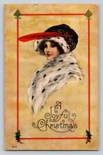 c1915 Fab Woman Shawl Hat Plume Joyful Christmas P176A picture