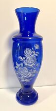 Large Bohemian Cobalt Blue w/ White Roses Gold Trim Glass Vase 17” x  6” picture