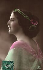 Woman in Tiara Hand Colored Pastel Pink Green Antique France RPPC  picture